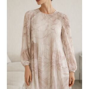 Aritzia Wilfred Pleated Chiffon Mini Dress Neutral Print Long Sleeve 2XS